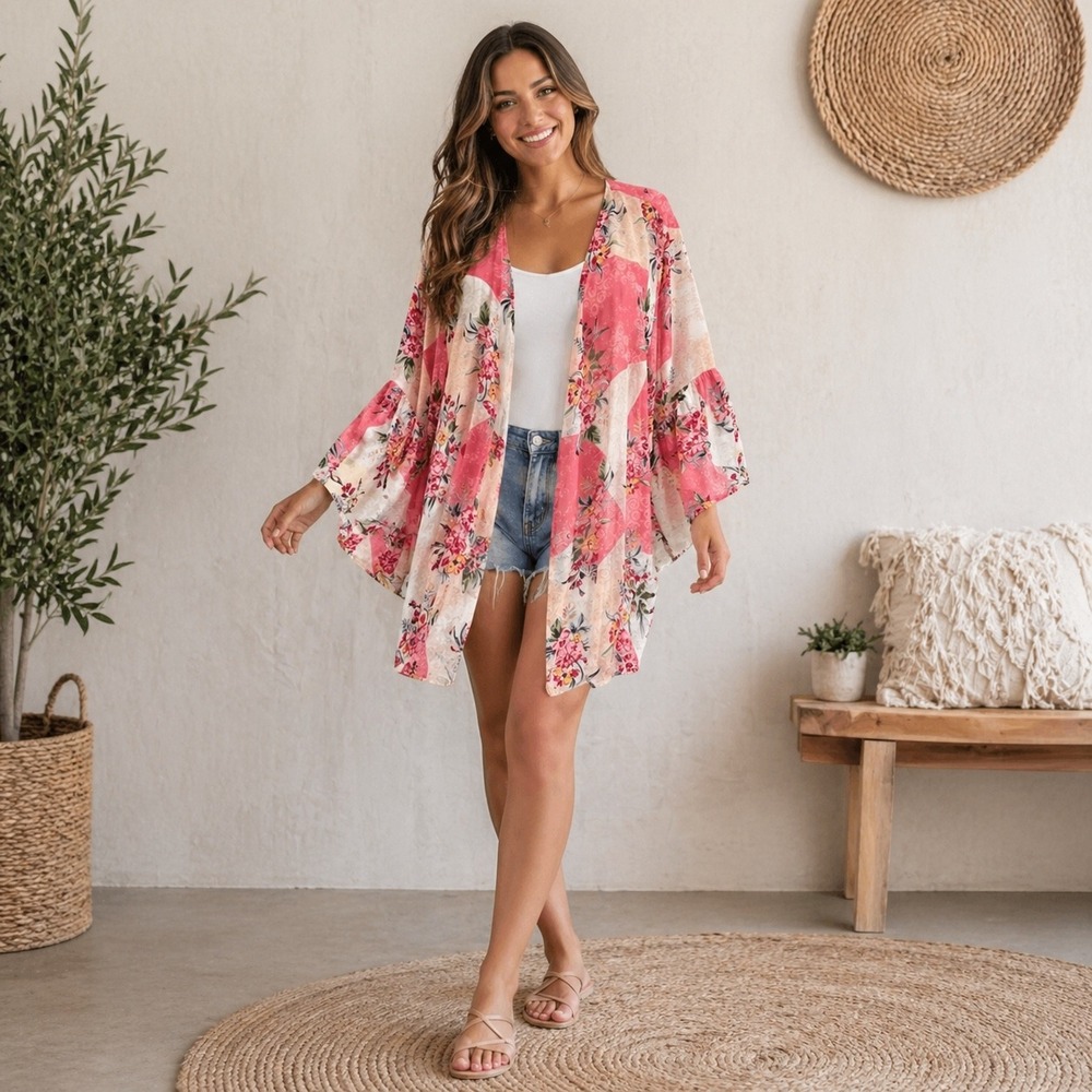 Style & Co Womens XL Coral Floral Patchwork Kimono Sheer Boho Bell Sleeve Beachy